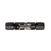 Side view of mated solar connectors displaying safety warning text