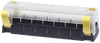 Clear polycarbonate insulating cover for Blue Sea MaxiBus busbars featuring yellow locking clips and wire access knockouts