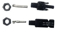 Disassembled MC4 panel mount kit components showing locking nuts, crimp terminals and connector housings