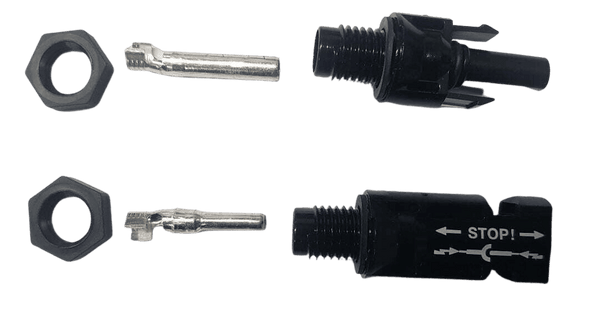 Disassembled MC4 panel mount kit components showing locking nuts, crimp terminals and connector housings