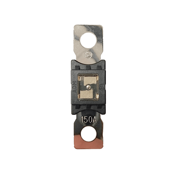 Top-down view of 150A Mega fuse with black housing and clear window