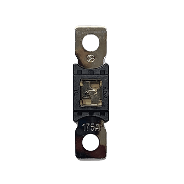 Top-down view of 175A Mega fuse with black housing and clear window