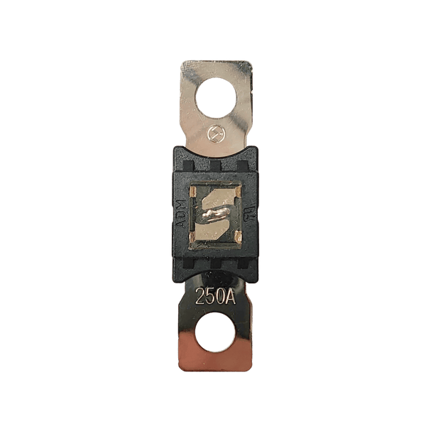 Top-down view of 250A Mega fuse with black housing and clear window