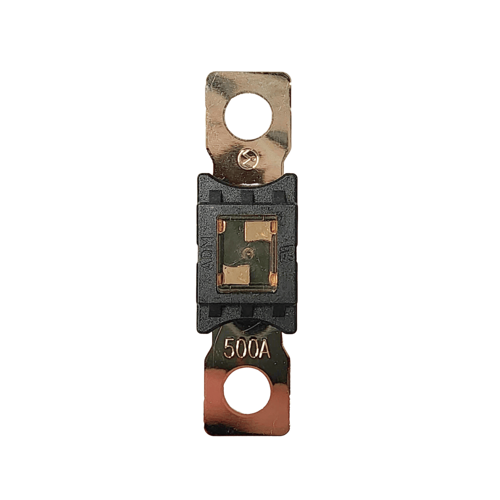 Top-down view of 500A Mega fuse with black housing and clear window