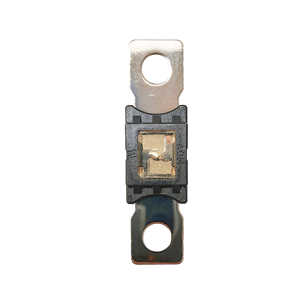 Rear view of 60A Mega fuse showing solid tin-plated copper construction