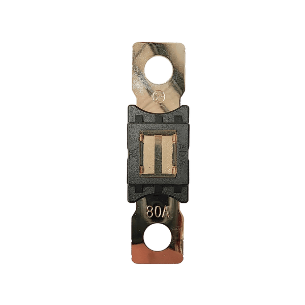 Top-down view of 80A Mega fuse with black housing and clear window