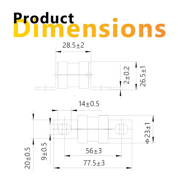 Dimensional technical drawing showing 77.5mm length and 56mm mounting spacing for ceramic fuse