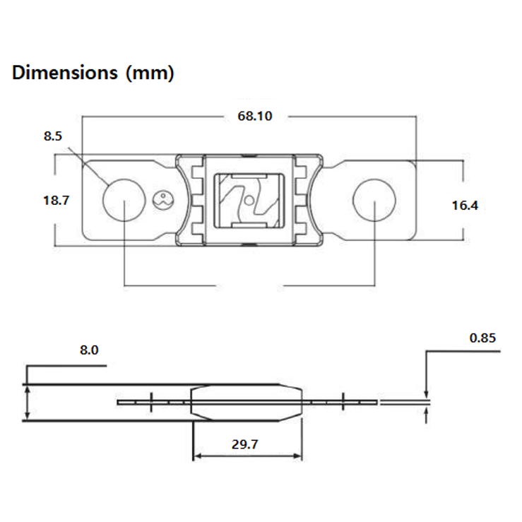Technical drawing of Mega fuse dimensions including 68.1mm length