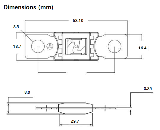 Technical drawing of 125A Mega fuse dimensions including 68.1mm length