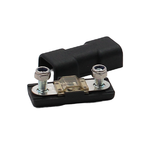 Inline MIDI fuse holder with transparent fuse fitted and black cover positioned behind