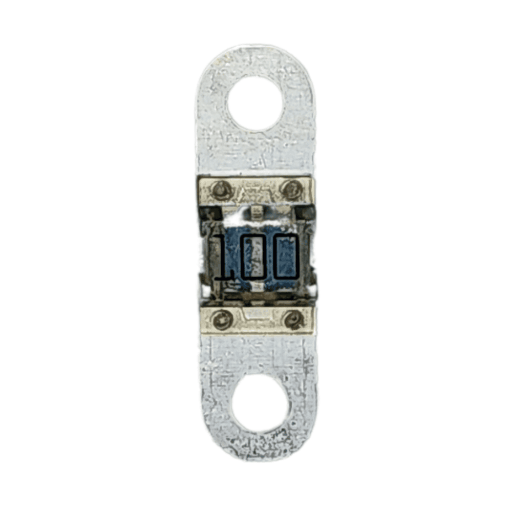 Rear view of a 100A MIDI fuse showing internal element detail and metal terminals