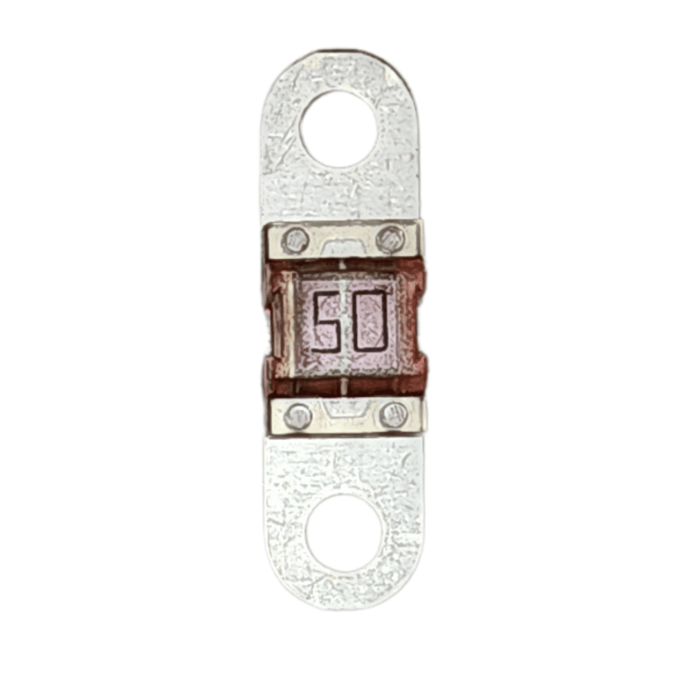 Rear view of a 50A MIDI fuse showing internal element detail and metal terminals