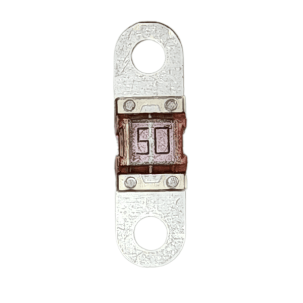 Rear view of a 50A MIDI fuse showing internal element detail and metal terminals