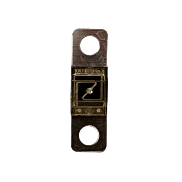 Exotronic 50A Midi fuse front view showing clear window with visible element and M6 mounting holes