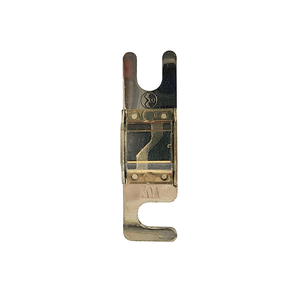 Top view of 70A Midi fuse featuring clear housing and tin-plated terminals