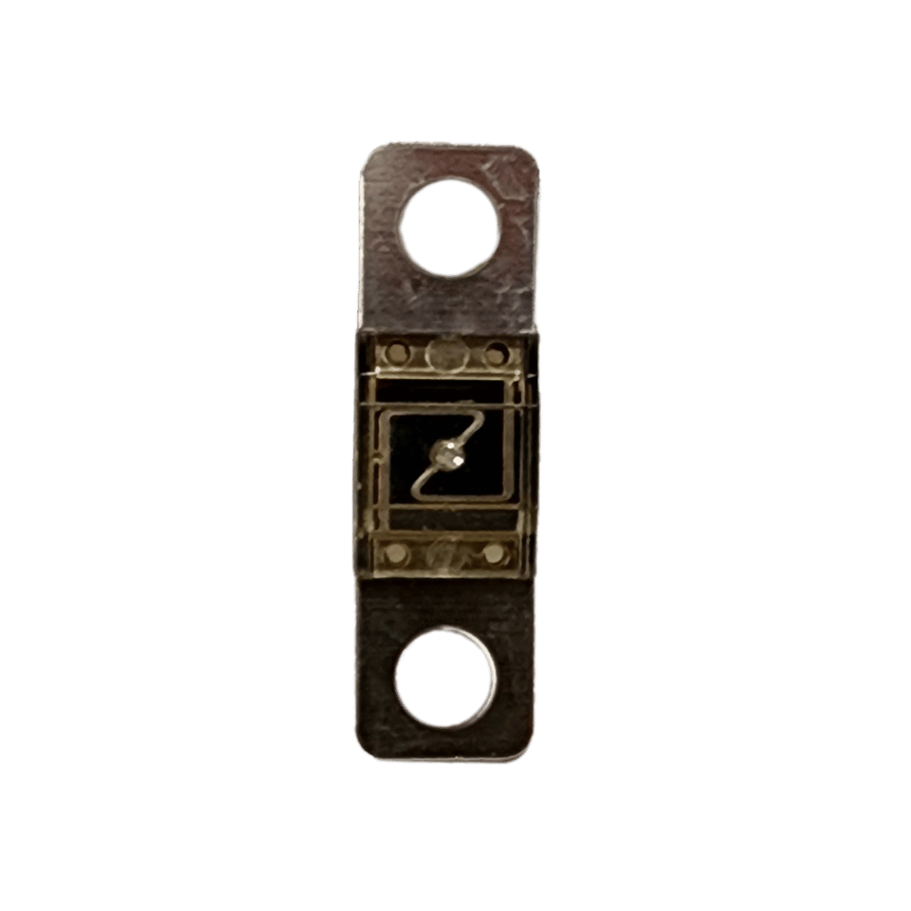 Exotronic 80A Midi fuse front view showing clear window with visible element and M6 mounting holes