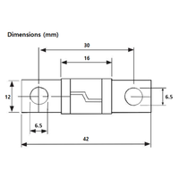Dimensional drawing of Midi fuse showing 42mm length and 30mm hole spacing
