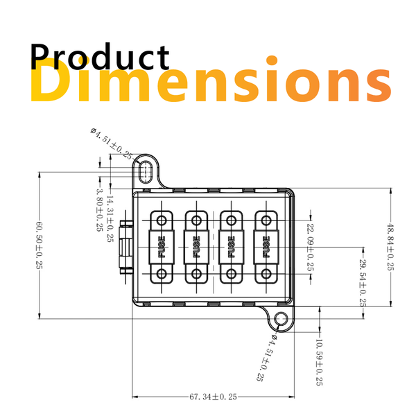 Top-down technical line drawing displaying width, length and mounting hole positions