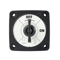 Front view of the black 300A battery switch showing key knob and safety markings