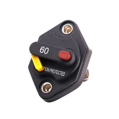Angled front view of 60A mini panel mount DC circuit breaker showing red trip button and yellow reset lever
