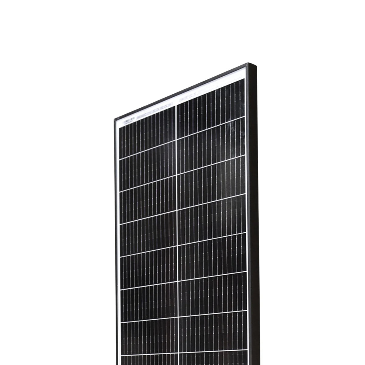 Close-up of solar panel top corner showing cell grid and glass texture