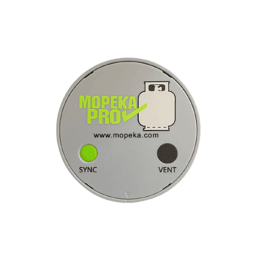 Top-down view of silver Mopeka Pro Check LPG sensor with green sync button and branding
