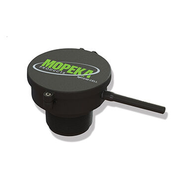Angled view of black Mopeka TD40 ultrasonic tank sensor with threaded mounting base and side conduit