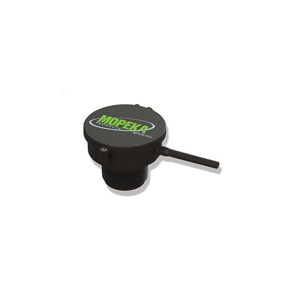 Angled view of black Mopeka TD40 ultrasonic tank sensor with threaded mounting base and side conduit