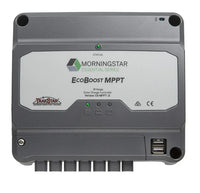 Front view of 20A MPPT solar charge controller showing status LEDs, dual USB ports and wiring terminals