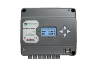 Front view of Morningstar EcoBoost MPPT 40A solar controller with LCD display and dual USB ports