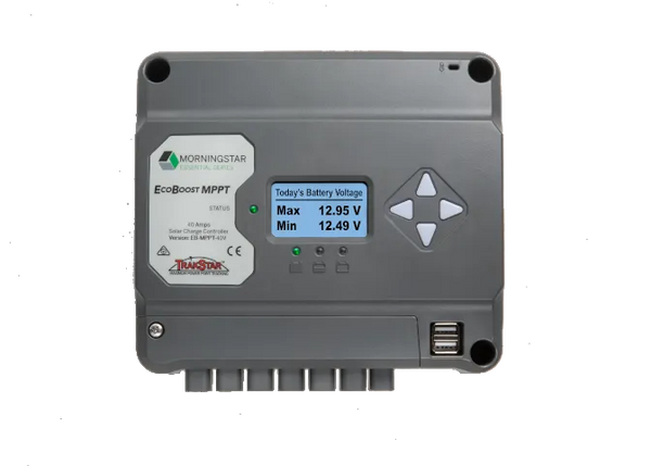 Front view of Morningstar EcoBoost MPPT 40A solar controller with LCD display and dual USB ports