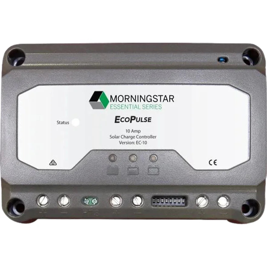 Front view of 10A PWM solar charge controller showing status LEDs, wiring terminals and configuration switches