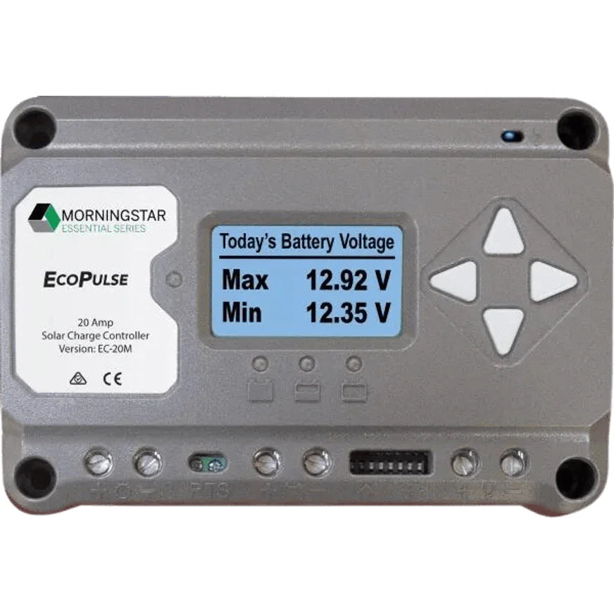 Front view of Morningstar EcoPulse 20A PWM solar controller with digital display and navigation buttons