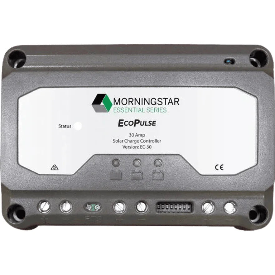 Front view of Morningstar EcoPulse 30A PWM solar charge controller showing status LEDs and connection terminals