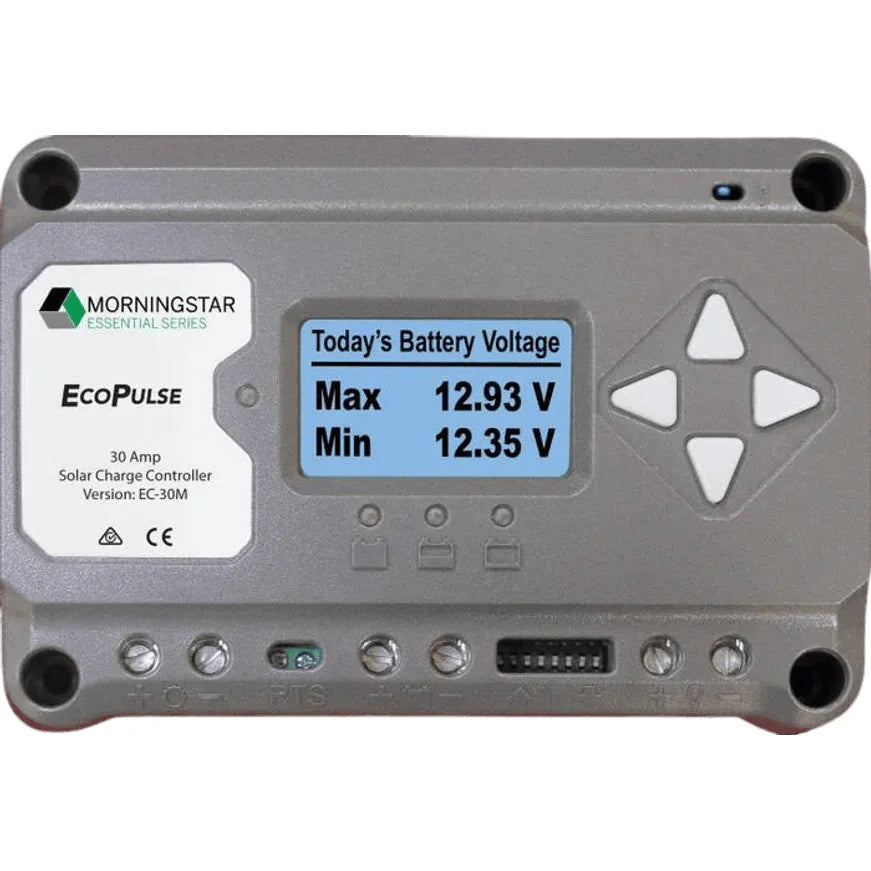 Morningstar EcoPulse PWM 30A solar charge controller with digital display and navigation buttons