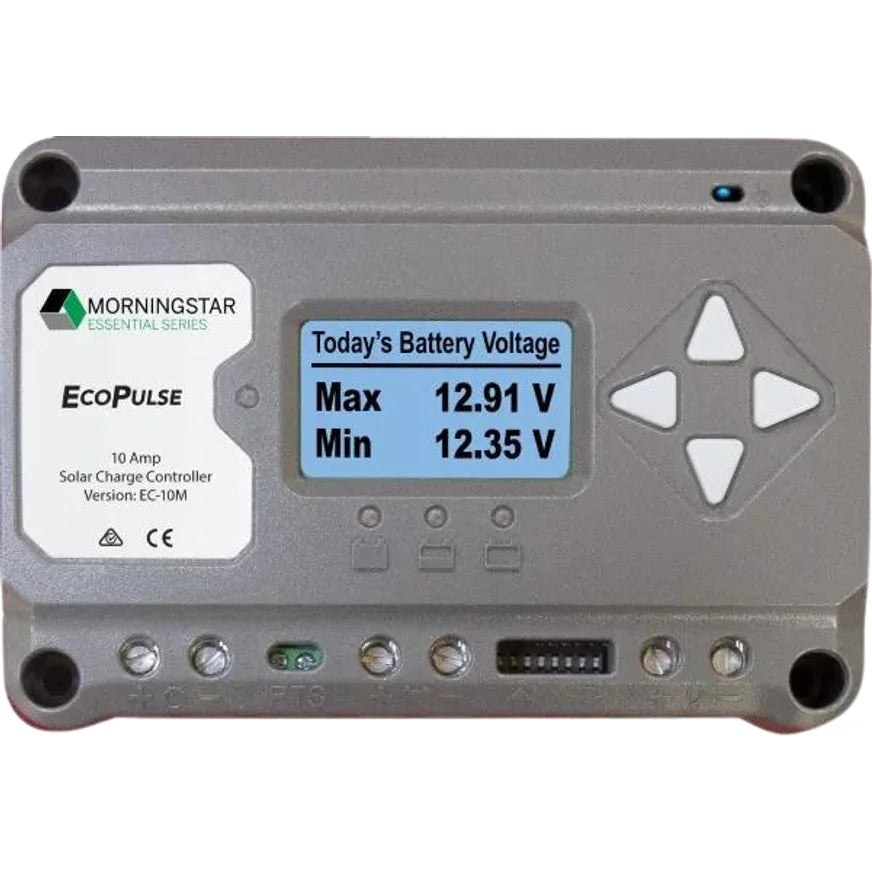 Grey Morningstar EcoPulse 10A solar charge controller featuring LCD display, navigation buttons and bottom wire terminals