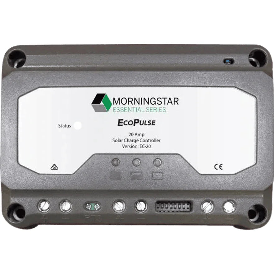 Front view of Morningstar EcoPulse 20A PWM solar controller showing status LEDs and terminals
