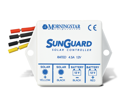 Morningstar SunGuard 4.5A 12V PWM solar charge controller with integrated wiring leads and side mounting holes