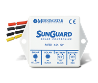 Morningstar SunGuard 4.5A 12V PWM solar charge controller with integrated wiring leads and side mounting holes