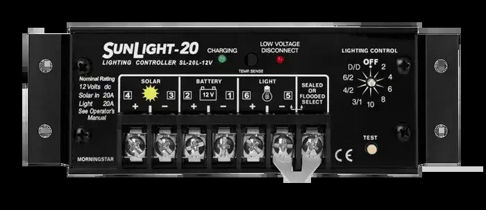 Morningstar SunLight 20A 12V solar lighting controller with terminal block and rotary control dial