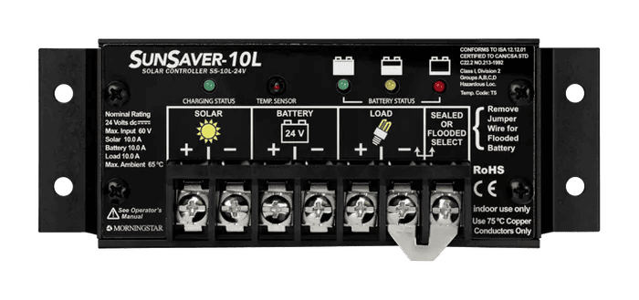 Morningstar SunSaver 10A 24V solar charge controller with screw terminals and status LEDs