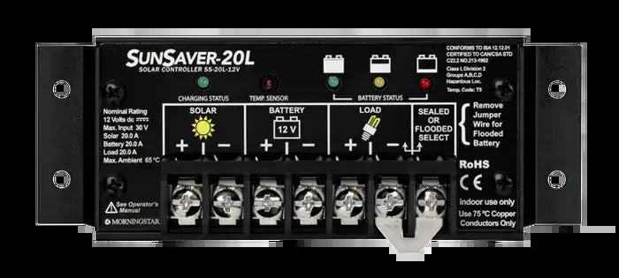 Front view of Morningstar SunSaver 20A 24V solar controller showing status LEDs and terminal block labels
