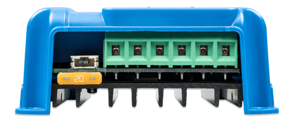 Direct bottom view showing terminal block, replaceable fuse and cooling fins