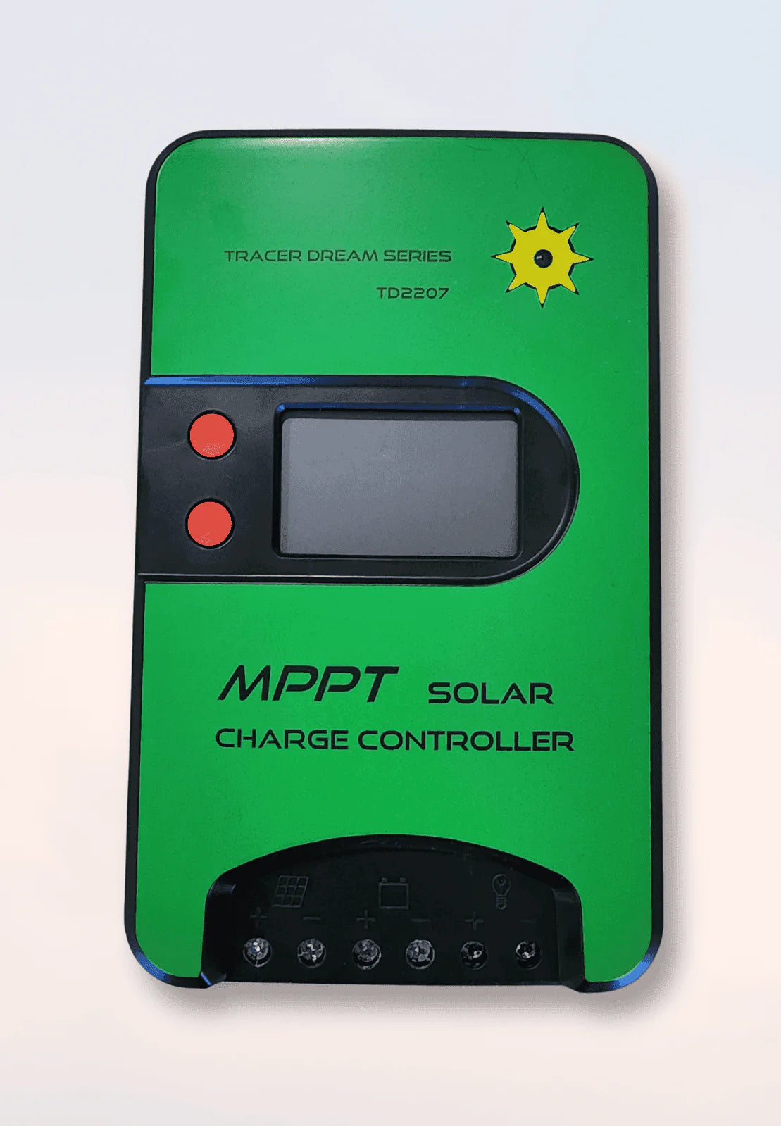 Front view of MPPT solar charge controller with green casing and LCD display