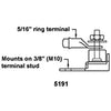 Installation diagram showing fuse block mounting on M10 terminal stud and connecting to ring terminal