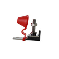 Side profile of terminal fuse block showing stud height, tethered red cap and black insulating base