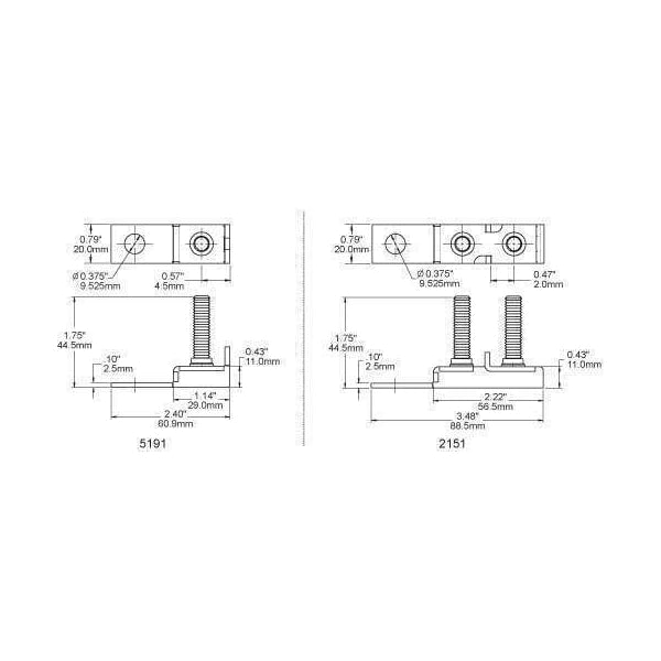 Technical drawing showing dimensions for single and dual MRBF fuse blocks in millimetres and inches