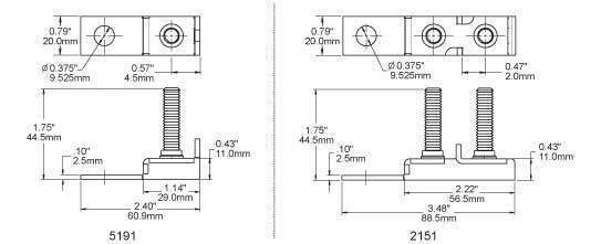 Technical drawing showing dimensions for single and dual MRBF fuse blocks in millimetres and inches