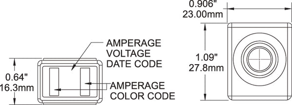 Dimensional drawing of MRBF fuse with width 23mm height 27.8mm and depth 16.3mm