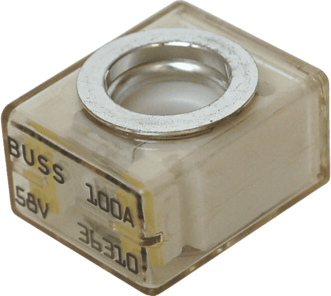 Angled view of 100A MRBF terminal fuse with clear housing and silver ring terminal